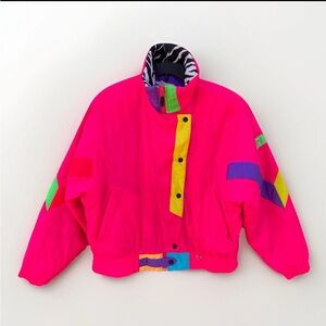 Obermeyer Ladies Size 12 Vintage 80s Fast Lane Ski Jacket Neon Pink Zebra